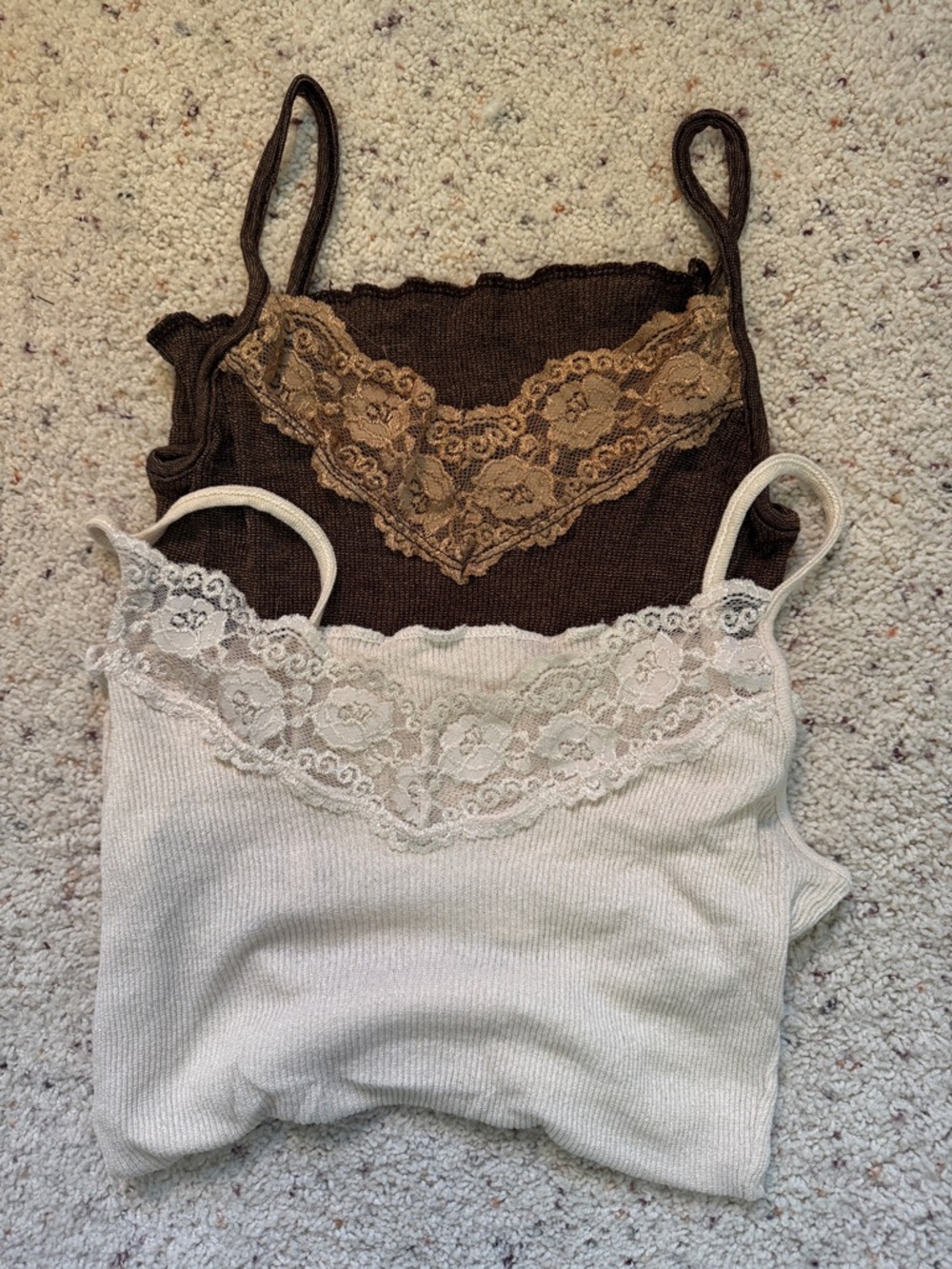 Michael Stars Ribbed Tank Top with Lace Detail - Set of 2 - Brown and Off White